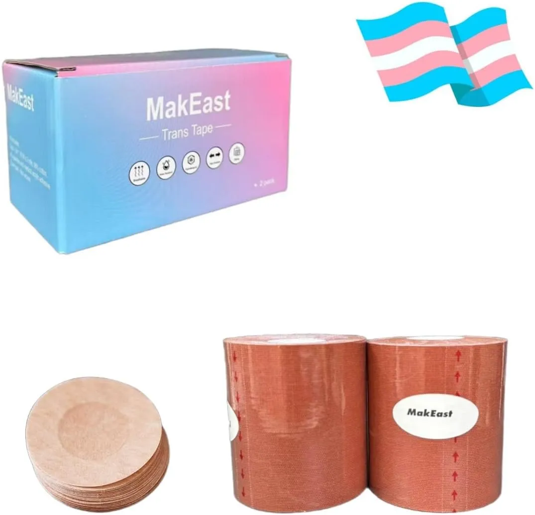 2 Rolls Trans Tape for Transitioning Chest Binding Tape FTM Chest Binder with Nipple Covers Waterproof 3 in X 16.5 ft