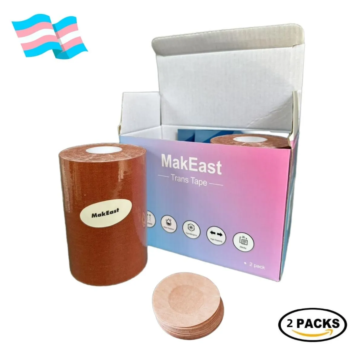 2 Rolls Trans Tape for Transitioning Extra Wide Chest Binding Tape Latex Free FTM Chest Binder with Nipple Covers Ultra Sticky Waterproof & Flexible 4 in X 16.5 ft (Tan)