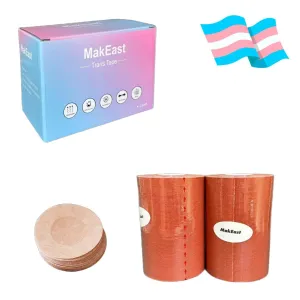 2 Rolls Trans Tape for Transitioning Extra Wide Chest Binding Tape Latex Free FTM Chest Binder with Nipple Covers Ultra Sticky Waterproof & Flexible 4 in X 16.5 ft (Tan)