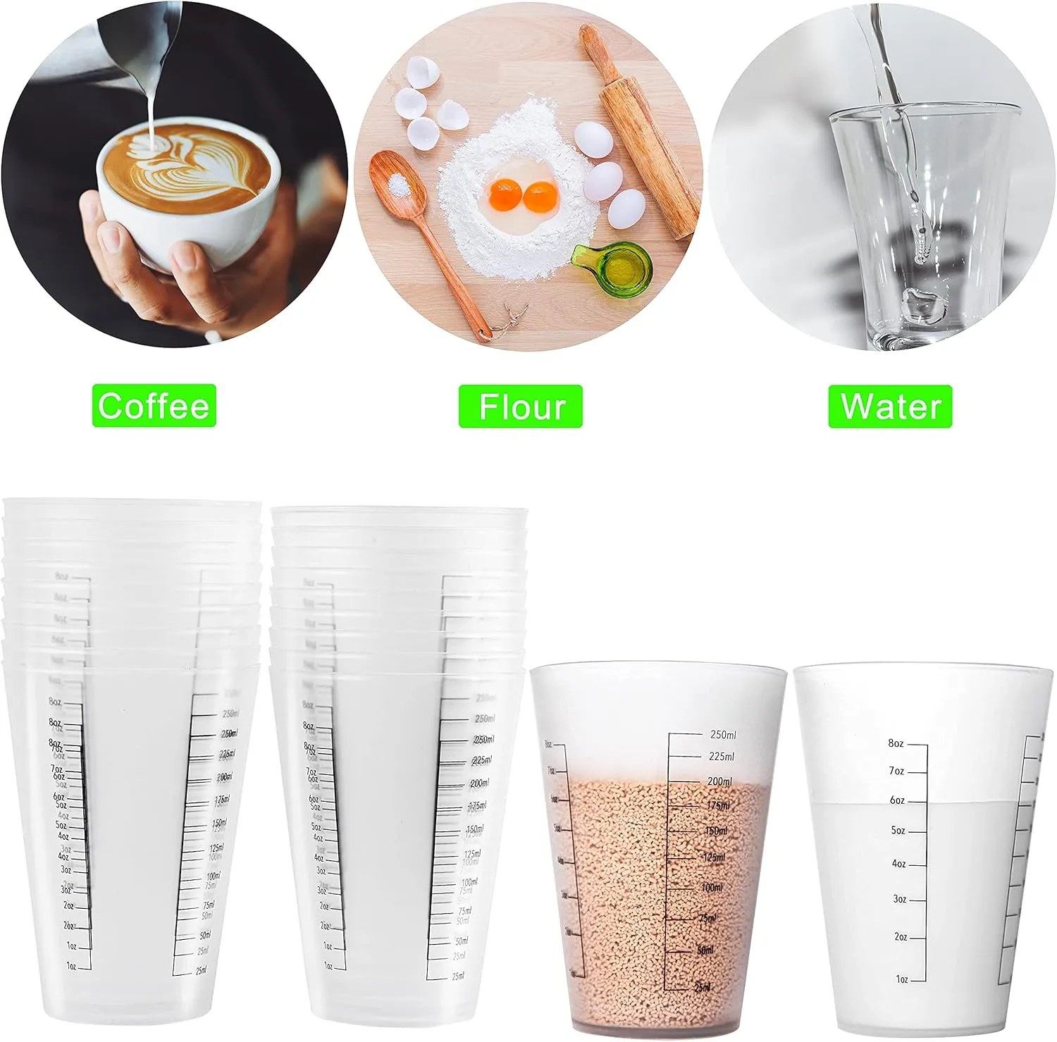 20 Pcs Plastic Measuring Cups for Liquids Cooking Ounces Reusable 8 oz Paint Mixing Cup, Kitchen Drinking Measure Cup Set