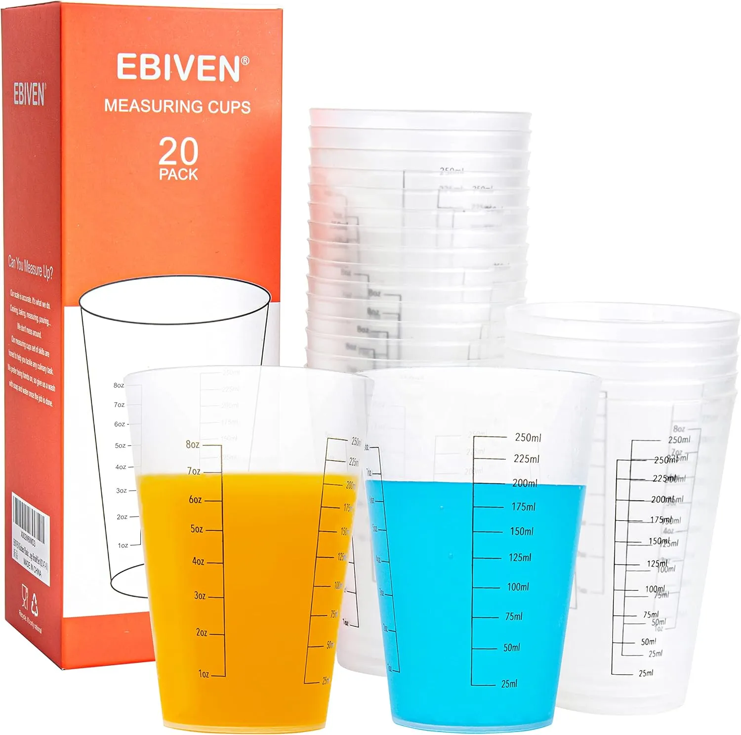 20 Pcs Plastic Measuring Cups for Liquids Cooking Ounces Reusable 8 oz Paint Mixing Cup, Kitchen Drinking Measure Cup Set