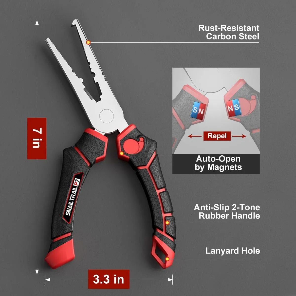 7'' Fishing Pliers, Angled Head Split Ring Pliers, Auto-Open by Magnets, Corrosion Resistant Fish Hook Remover, Saltwater Crimping Shot & Wire Cutter Tool