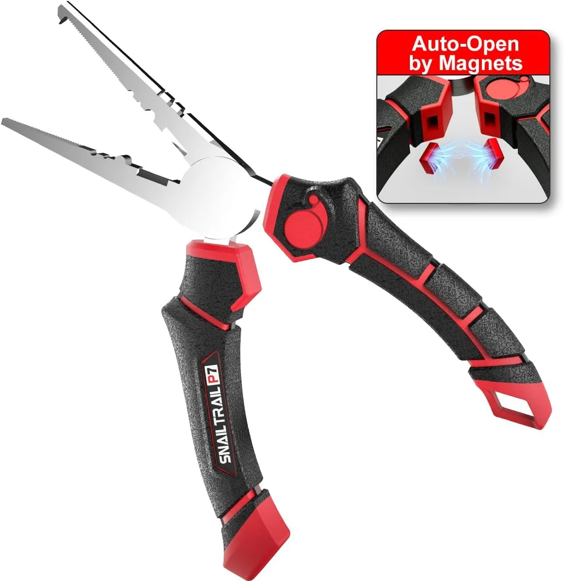 7'' Fishing Pliers, Angled Head Split Ring Pliers, Auto-Open by Magnets, Corrosion Resistant Fish Hook Remover, Saltwater Crimping Shot & Wire Cutter Tool