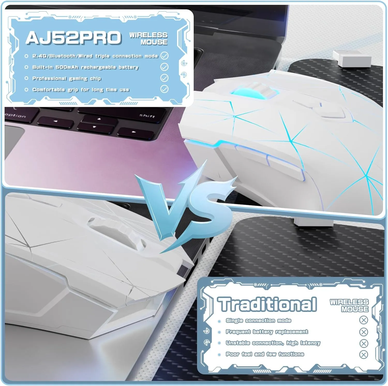 AJ52PRO Wired Wireless Bluetooth Gaming Mouse with RGB LED Backlight Adjustable 10000DPI Ergonomic 7 Programmable Button Rechargeable 800mAh Battery 2.4Ghz USB Receiver for PC Mac PS4 Gamer(StarWhite)