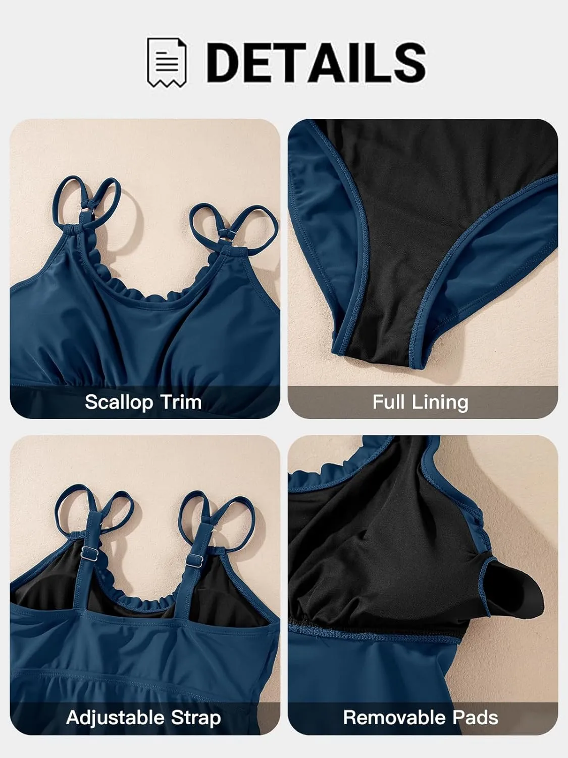 Aleumdr Women's Tankini Bathing Suit 2 Piece Tummy Control Swimsuit Scallop Trim Tankini Top with Bottom