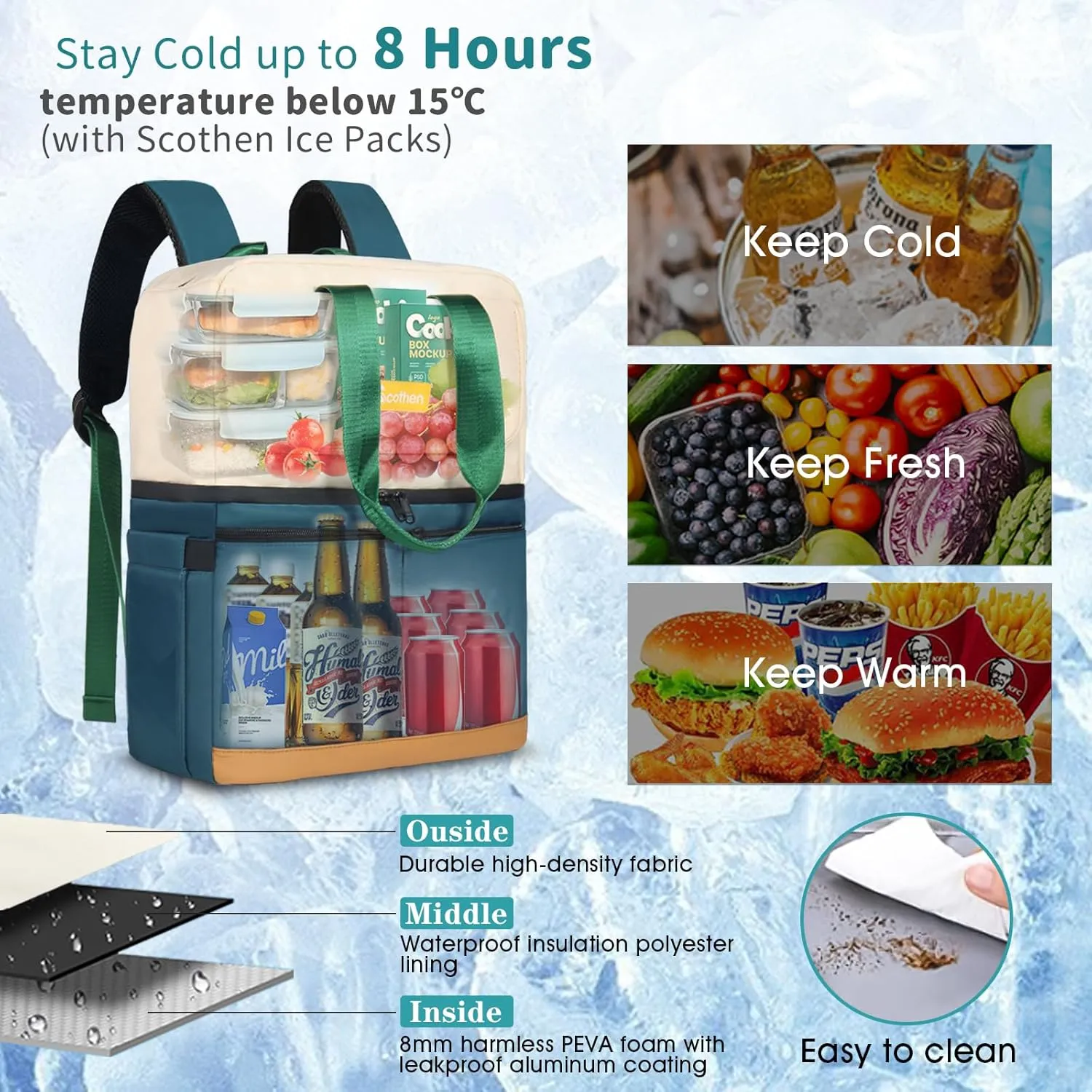 Backpack Cooler with Double Decker & 12 Ice Packs- Keeps 36 Cans Cold for Up to 24 Hours- Waterproof & Leak Proof Insulated Cooler Backpack- Stylish Cooler Bookbag for Women Travel Work Beach
