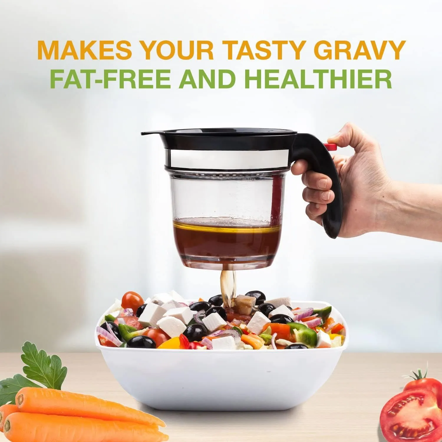 Fat Separator With Bottom Release, 4 Cup Gravy Separator for Cooking with Oil Strainer, Kitchen Gadgets Grease Separator Packaged with a 3-in-1 Multifunctional Peeler (Red)