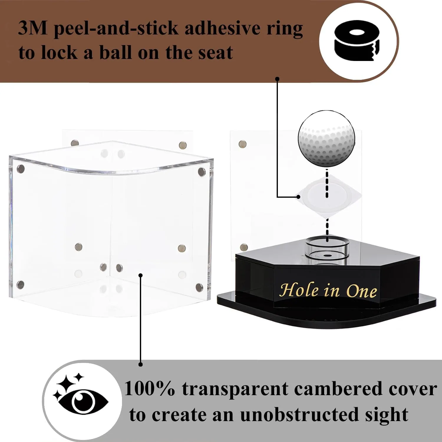 Golf Ball Display Case for Hole-in-One Golfer. Black Ball Throne with Golden Stamp. 2X Background Frames on Each Side of Cambered Cover. Pencil Holder, Glue Dots are All Included, No Assembly