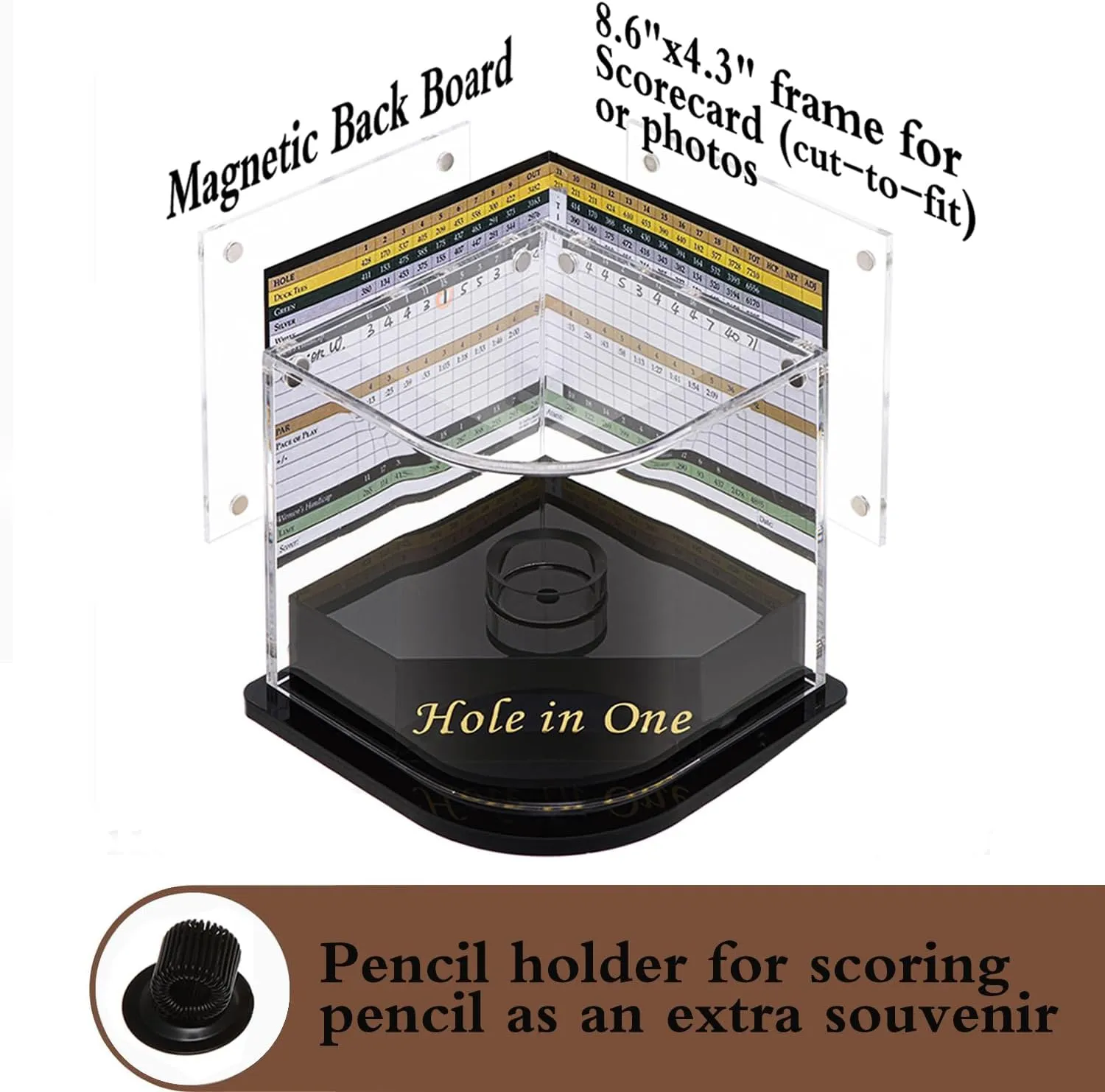 Golf Ball Display Case for Hole-in-One Golfer. Black Ball Throne with Golden Stamp. 2X Background Frames on Each Side of Cambered Cover. Pencil Holder, Glue Dots are All Included, No Assembly