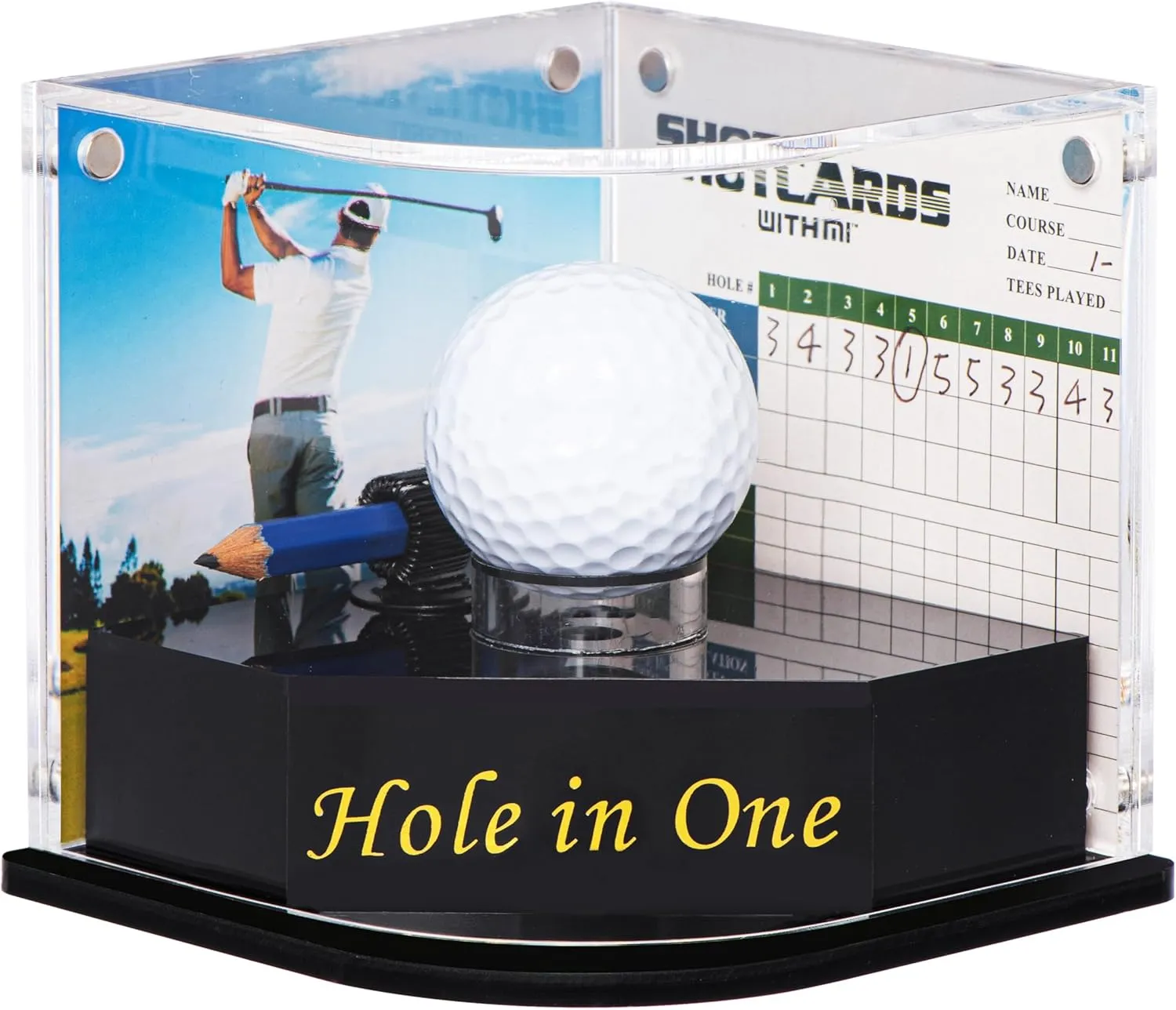 Golf Ball Display Case for Hole-in-One Golfer. Black Ball Throne with Golden Stamp. 2X Background Frames on Each Side of Cambered Cover. Pencil Holder, Glue Dots are All Included, No Assembly