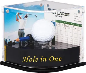 Golf Ball Display Case for Hole-in-One Golfer. Black Ball Throne with Golden Stamp. 2X Background Frames on Each Side of Cambered Cover. Pencil Holder, Glue Dots are All Included, No Assembly