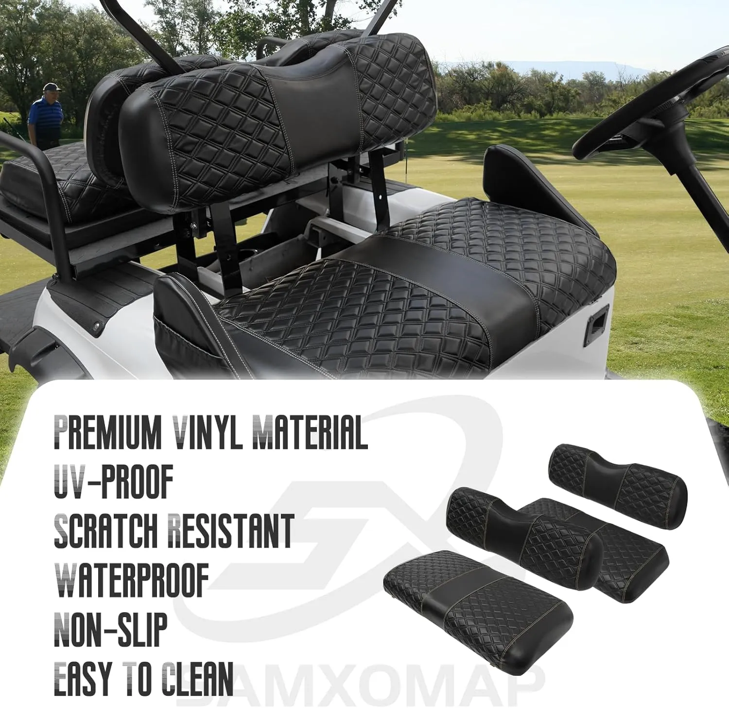 Golf Cart Seat Covers Front and Rear Waterproof and Sun Resistant Marine Grade Vinyl Leather Seat Cover Accessories for EZGO TXT 1994-2013, Black(4PCS)