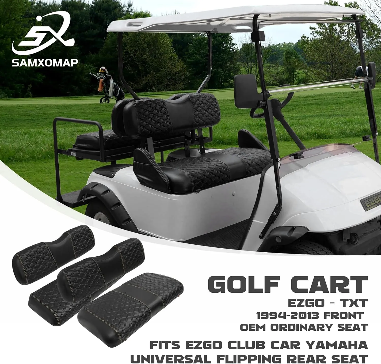 Golf Cart Seat Covers Front and Rear Waterproof and Sun Resistant Marine Grade Vinyl Leather Seat Cover Accessories for EZGO TXT 1994-2013, Black(4PCS)