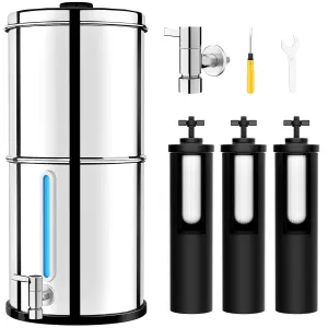 Gravity Water Filter System with 3 Stage 0.001m Ultra-Filtration, 2.25G Stainless Steel Countertop Water Filtration System, Includes 3 Filters & Metal Spigot, Reduce 99.99% Chlorine - 2025 Upgraded