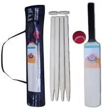 Junior Wooden Cricket Bat Set - Sizes 3, 4 Includes 4 Wooden Stumps, Red Tennis Ball, Poplar Willow Bat, and Carrying Bag  Ideal for Kids and Teenagers  Indoor & Outdoor Fun