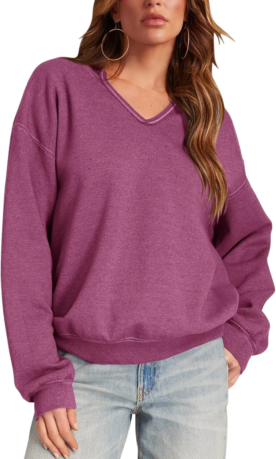 Minclouse Women's Casual Loose Fit V Neck Sweatshirts Long Sleeves Lightweight Basic Fashion Pullover Stitching Tops