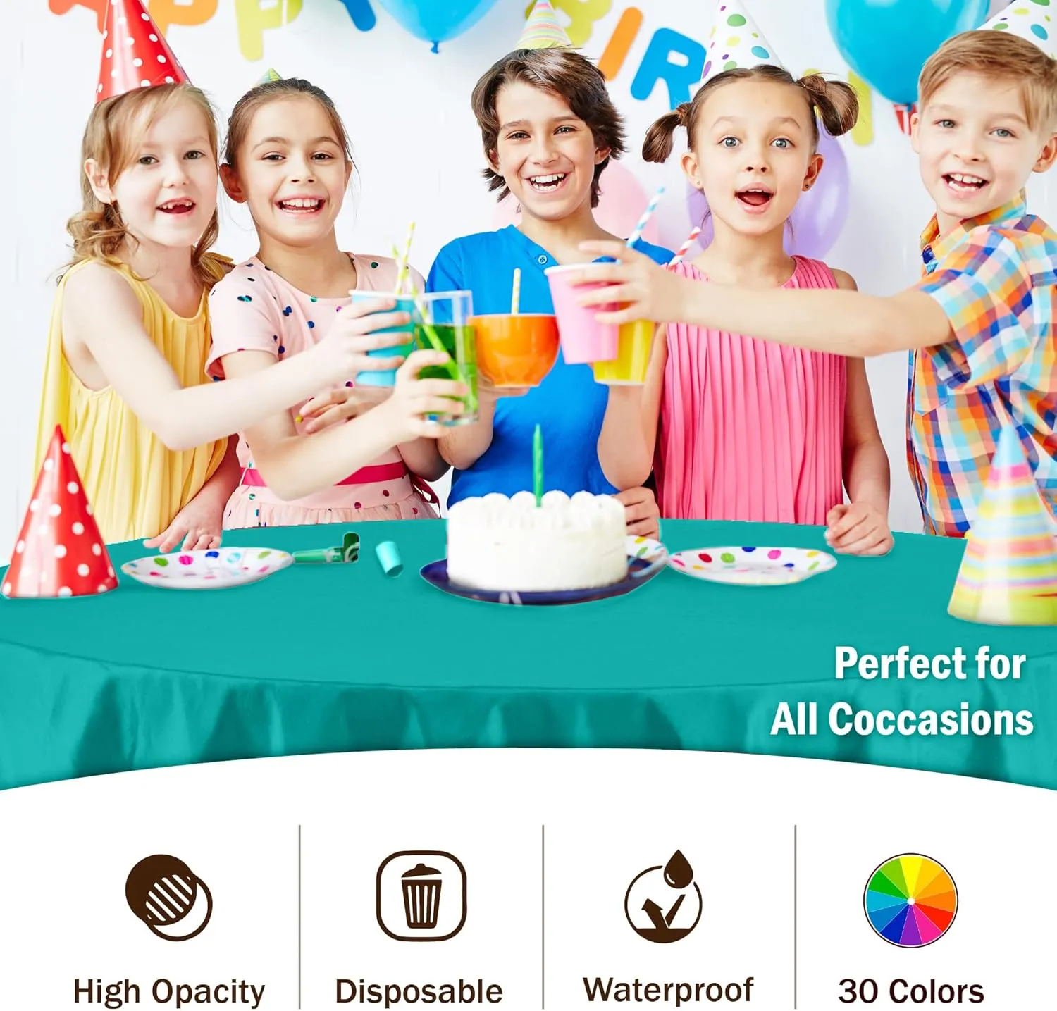 Party Solids 6-Pack Premium Plastic Tablecloth 84in. Round Plastic Table Cover - Teal