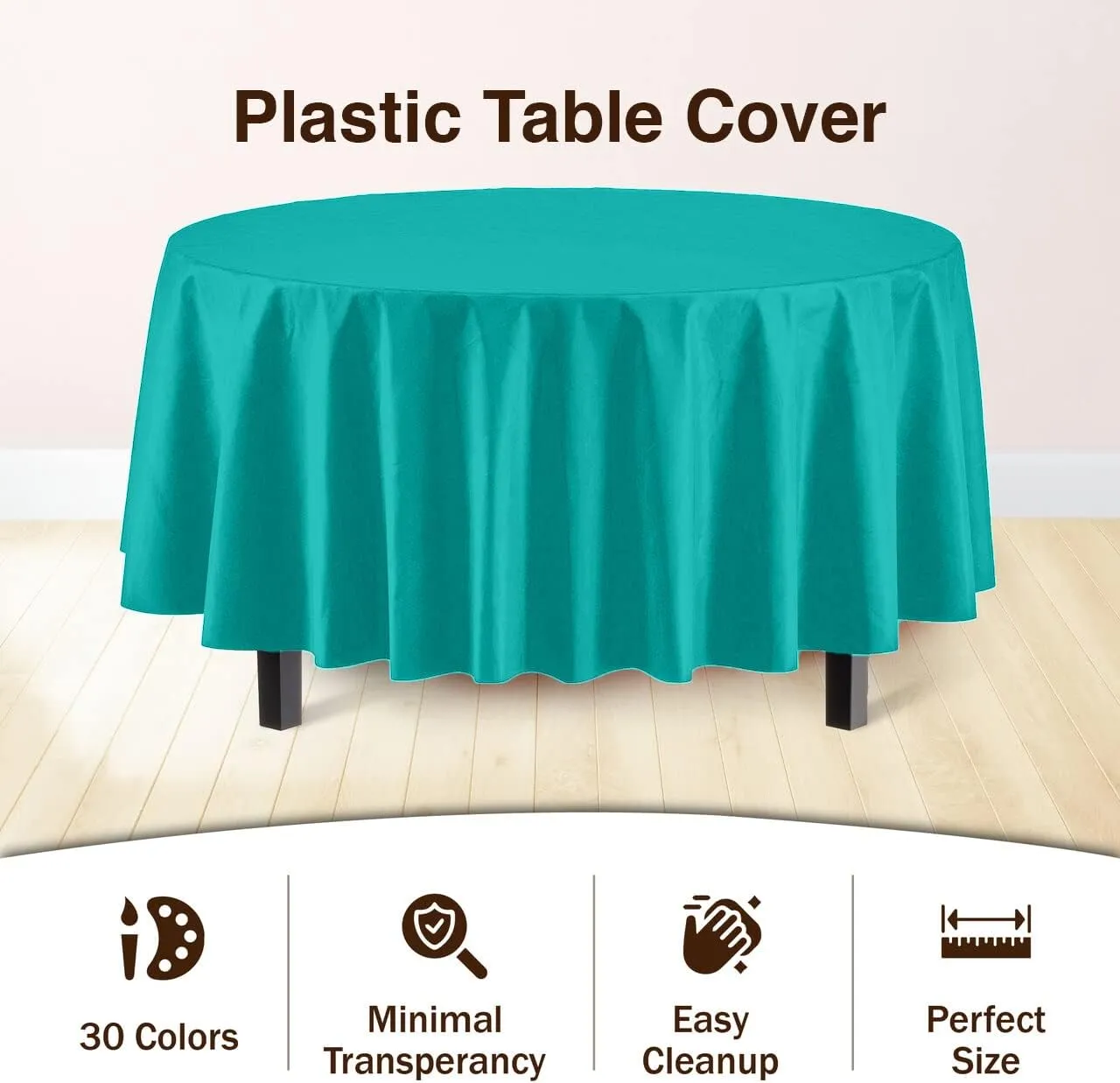 Party Solids 6-Pack Premium Plastic Tablecloth 84in. Round Plastic Table Cover - Teal