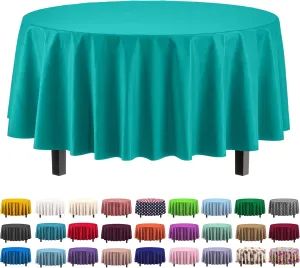 Party Solids 6-Pack Premium Plastic Tablecloth 84in. Round Plastic Table Cover - Teal