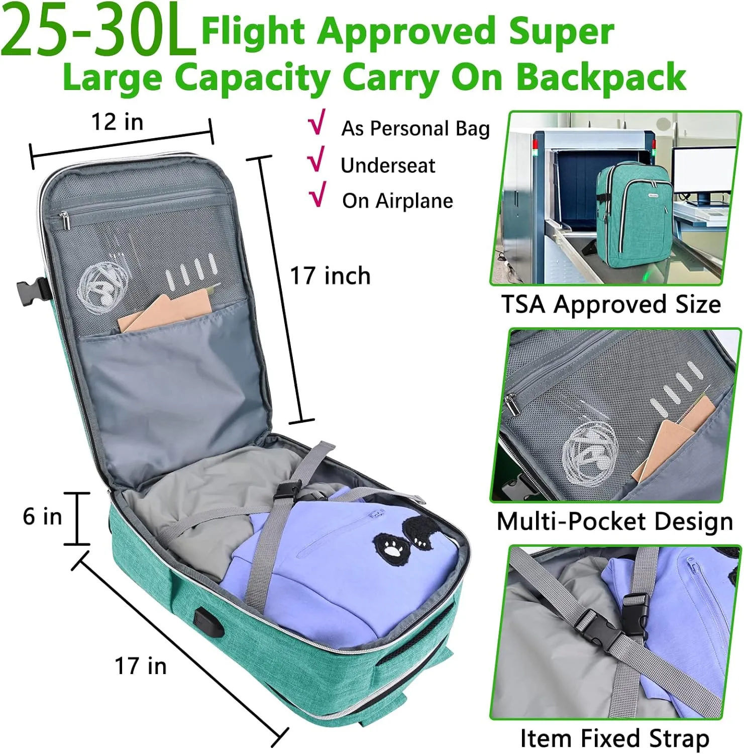 Personal Item Travel Carry On Luggage Backpack for Women Men Flight Approved Casual Weekender Laptop Bag for College Business Outdoors Hiking Water Resistant Lightweight Daypack with USB Charging Port