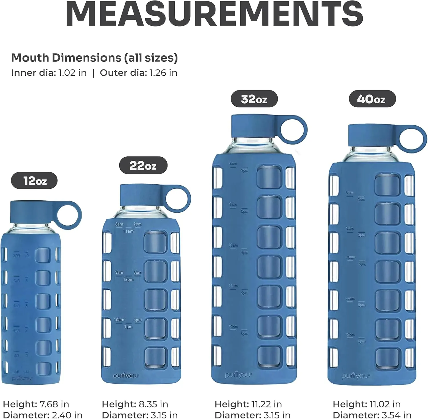 purifyou 40/32/22/12 oz Borosilicate Glass Water Bottles with Volume Markers, Silicone Sleeve, Stainless Steel Lid, Reusable Bottle for Water, Juice, Gym, and Fridge Storage (12oz Chinese Porcelain)