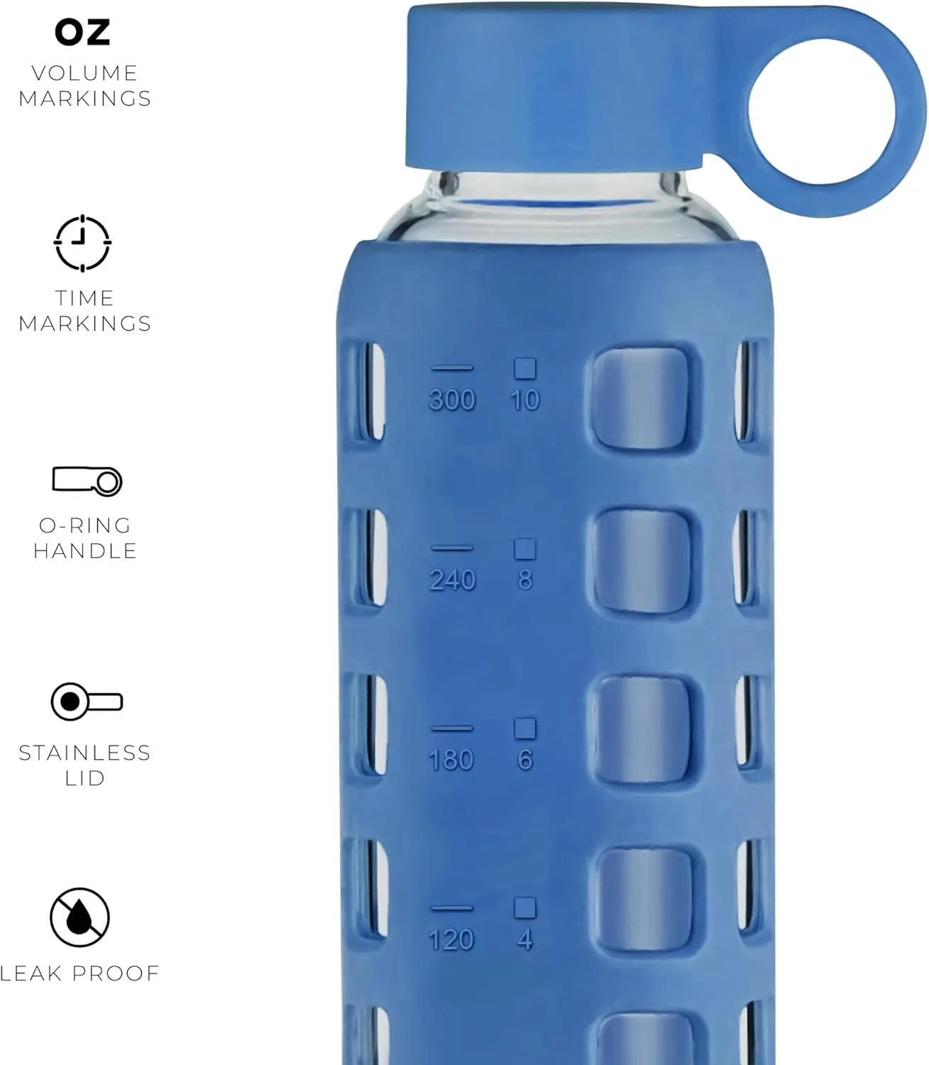 purifyou 40/32/22/12 oz Borosilicate Glass Water Bottles with Volume Markers, Silicone Sleeve, Stainless Steel Lid, Reusable Bottle for Water, Juice, Gym, and Fridge Storage (12oz Chinese Porcelain)