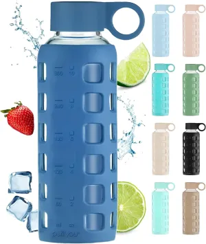 purifyou 40/32/22/12 oz Borosilicate Glass Water Bottles with Volume Markers, Silicone Sleeve, Stainless Steel Lid, Reusable Bottle for Water, Juice, Gym, and Fridge Storage (12oz Chinese Porcelain)