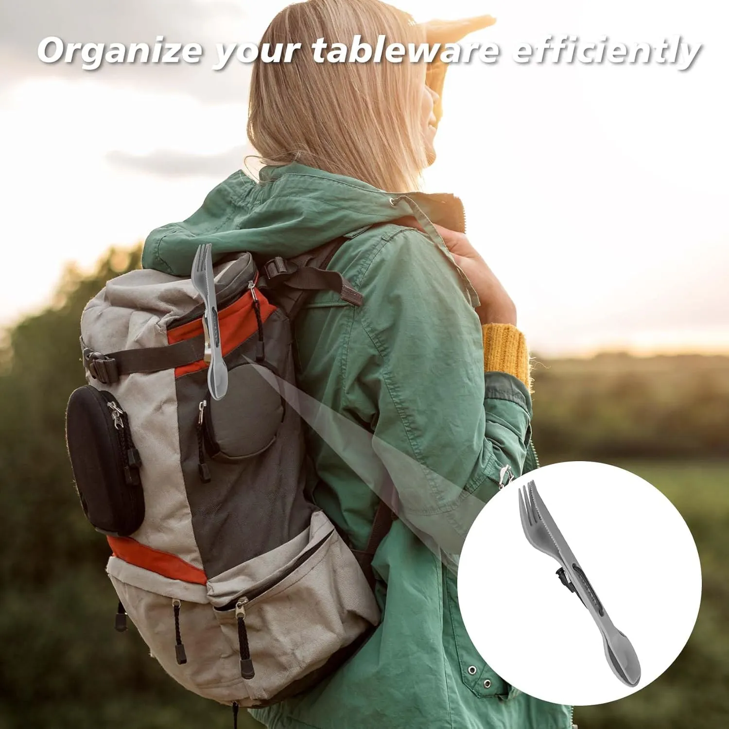 Reusable 4-in-2 Combo Camping Utensil Set, 4 Sets Spoon-Fork-Knife Travel Utensils, Portable Plastic Cutlery Backpacking Gear for Lunch Hiking Outdoor Survival (Green, Orange, Blue, Grey)