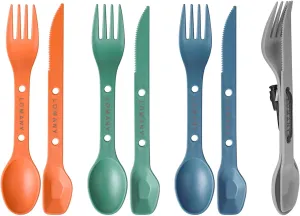 Reusable 4-in-2 Combo Camping Utensil Set, 4 Sets Spoon-Fork-Knife Travel Utensils, Portable Plastic Cutlery Backpacking Gear for Lunch Hiking Outdoor Survival (Green, Orange, Blue, Grey)