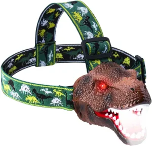 T Shape Dinosaur Headlamp for Kids, Rechargeable LED Light with Roar Sound & Glowing Eyes Adjustable Headband, Fun Camping Gear, Hiking, Reading and Party, Outdoor Headlamp Adventure Toy (Brown)