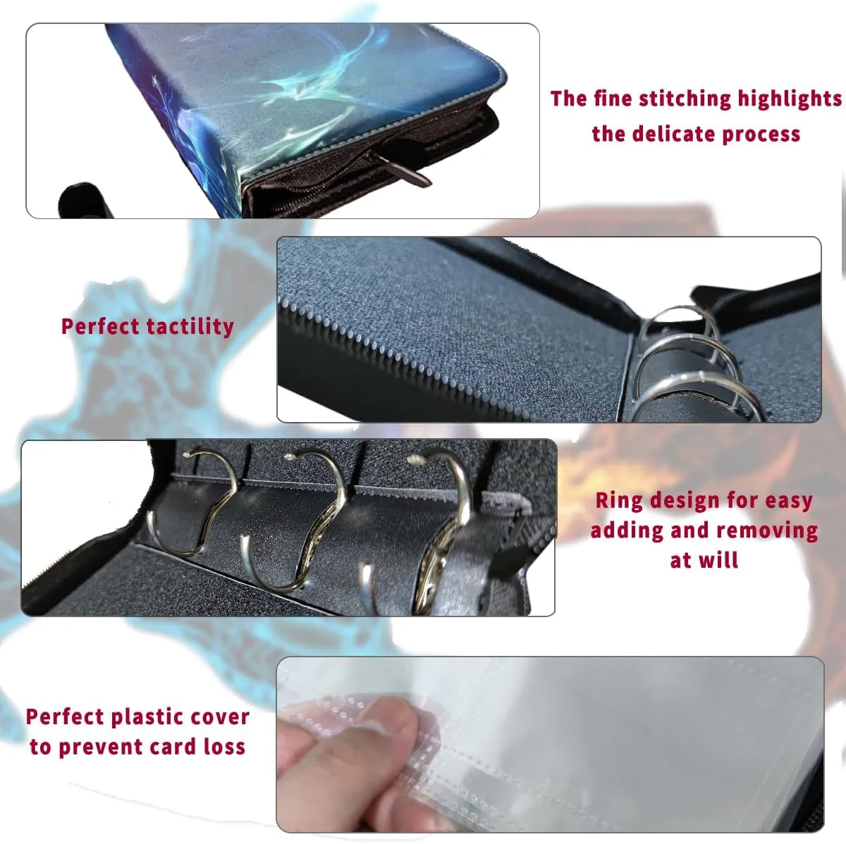 Trading Card Binder Card Binder Holder: 4-Pocket for Trading Cards Holder Sleeves Portable Card Collector Book Fits 440 Cards with 55 Removable Sleeves with Zipper(Double Dragon)