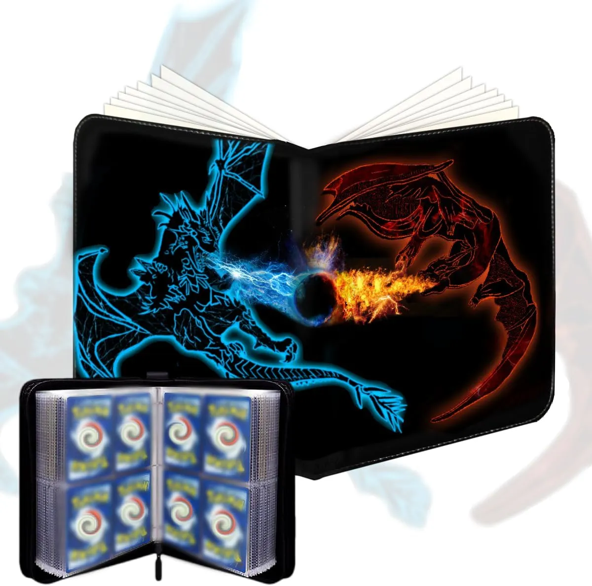 Trading Card Binder Card Binder Holder: 4-Pocket for Trading Cards Holder Sleeves Portable Card Collector Book Fits 440 Cards with 55 Removable Sleeves with Zipper(Double Dragon)