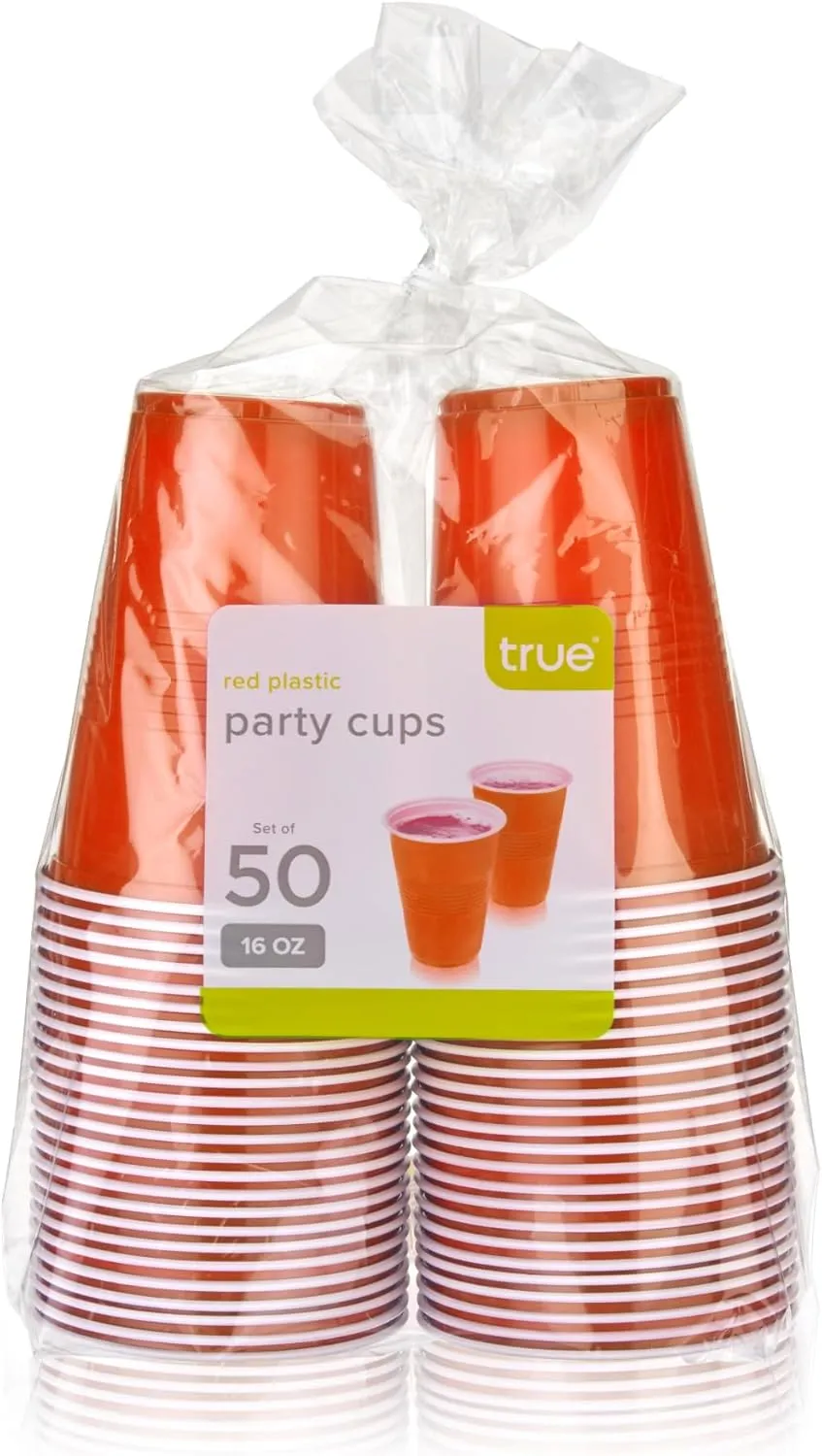 TRUE Orange Party Cups, Disposable Cups, Drink Cups for Cocktails and Beer, 16 Ounce Capacity, Plastic, Orange, Set of 50