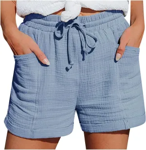 Womens Linen Shorts,2025 Summer Shorts for Women Comfy Cute Drawstring Beach Short Pants with Pockets